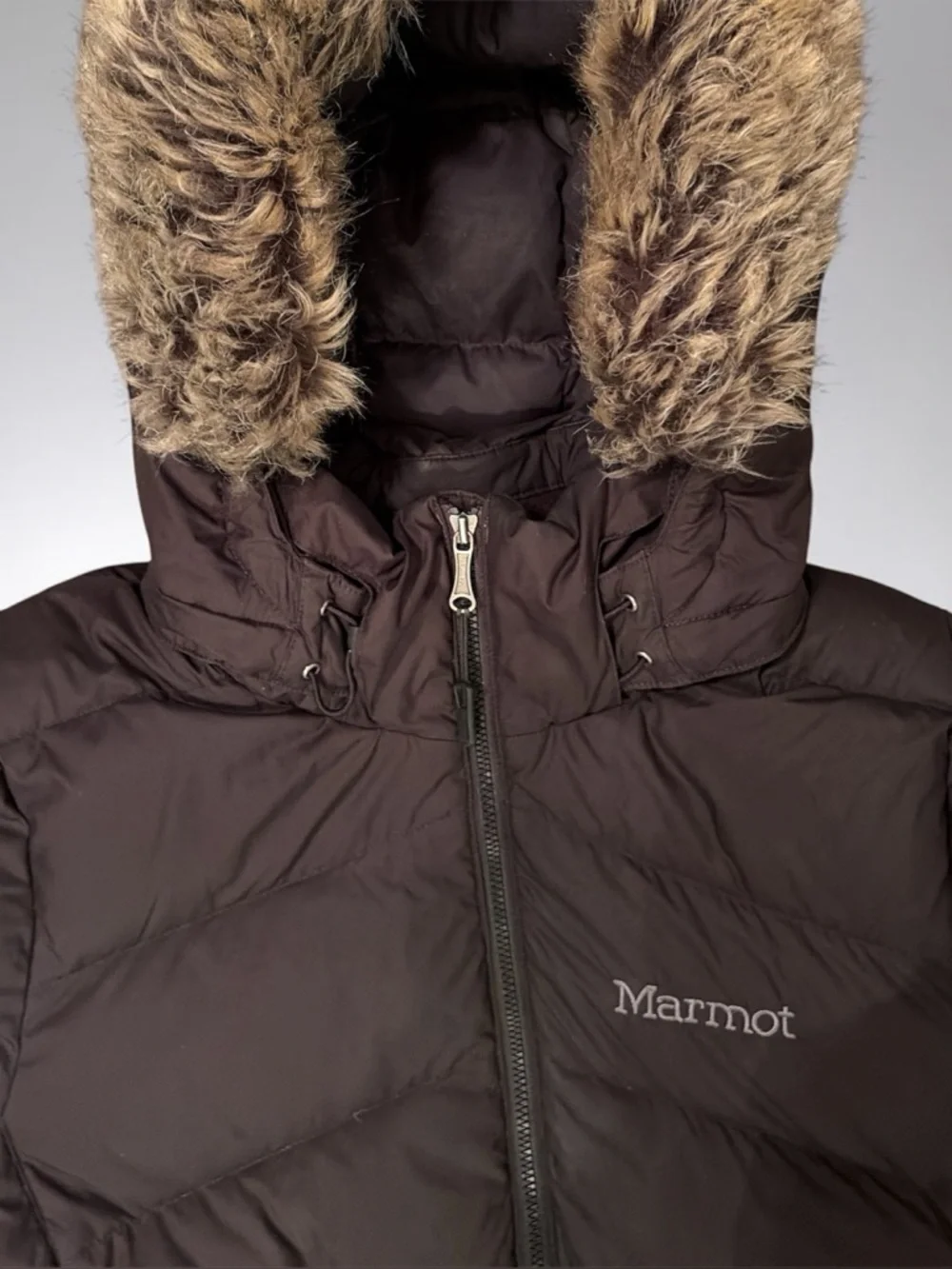 MARMOT MONTREAL BLACK LONG PUFFER COAT FAUX FUR HOOD SIZE LARGE